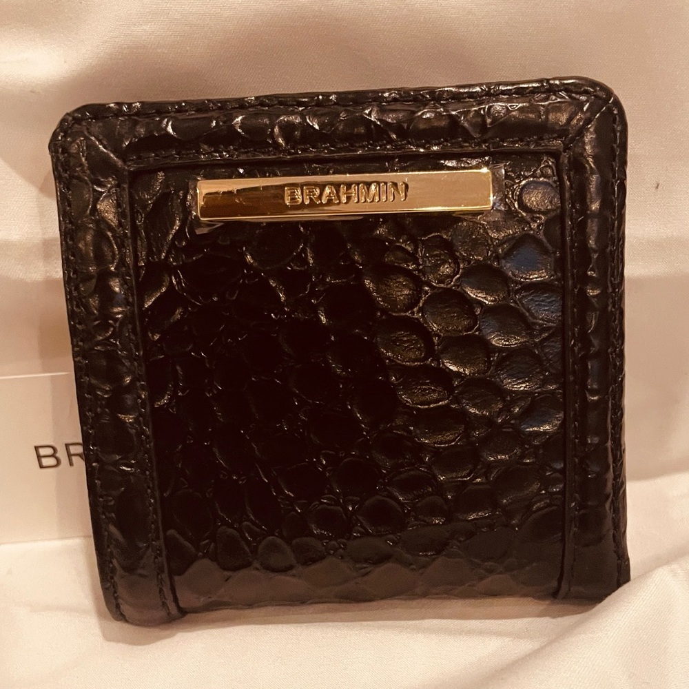 Brahmin Black Jane Crocodile Embossed Card Holder-Black Hematite